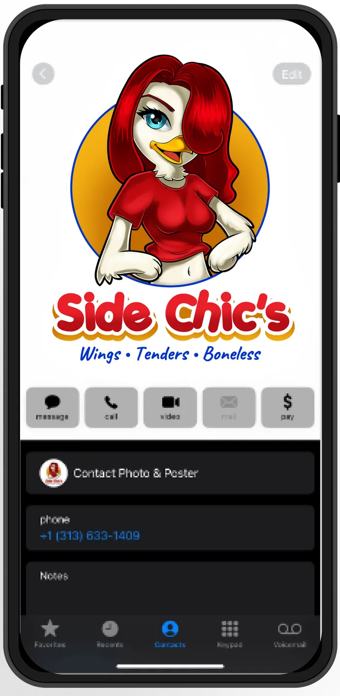 Side Chic’s contact card on a phone: (313) 633-1409